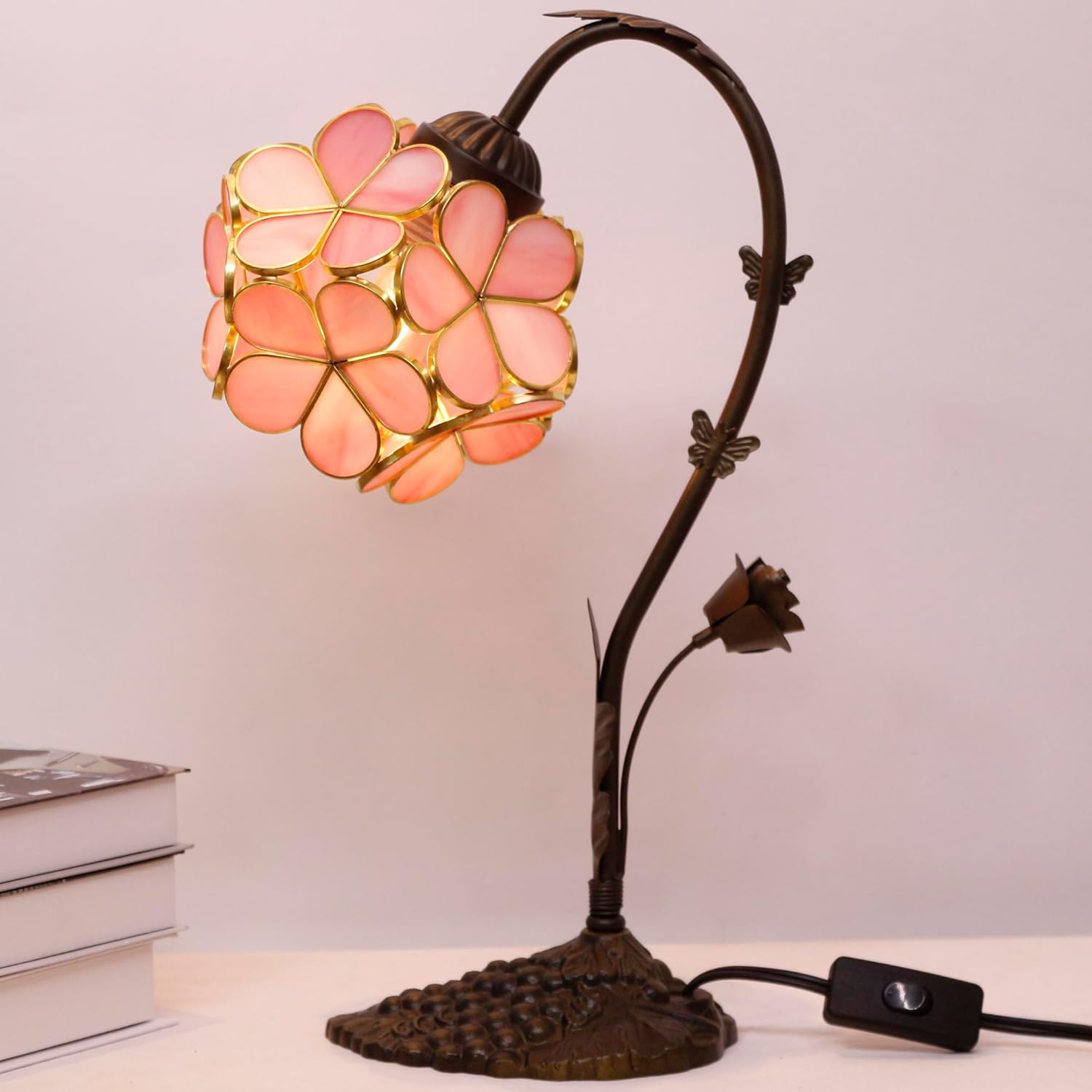 Tiffany Lamp Stained Glass Pink Small Flower Petal Table Lamp with Metal Leaf Resin Base 10X6X16 Inches Desk Reading Light