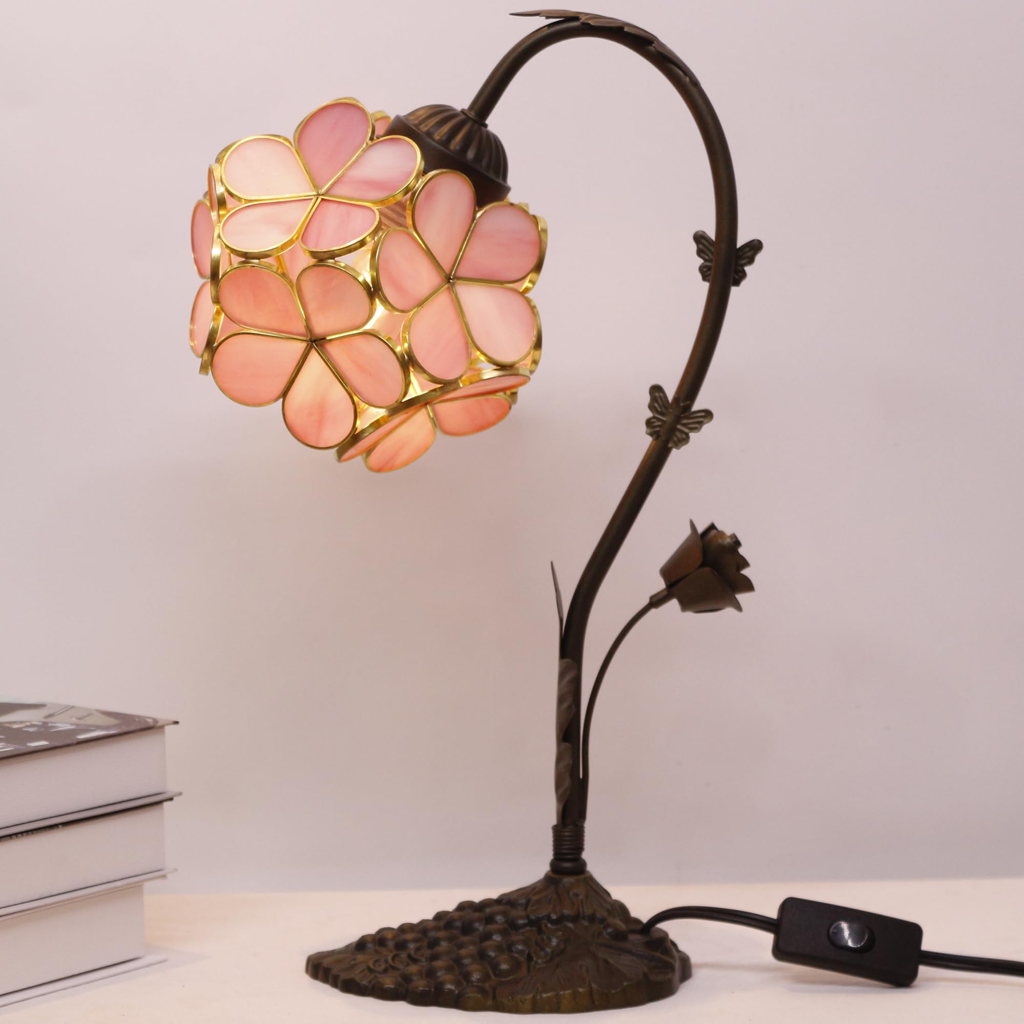 L-Juicwe Tiffany Lamp Stained Glass Pink Small Flower Petal Table