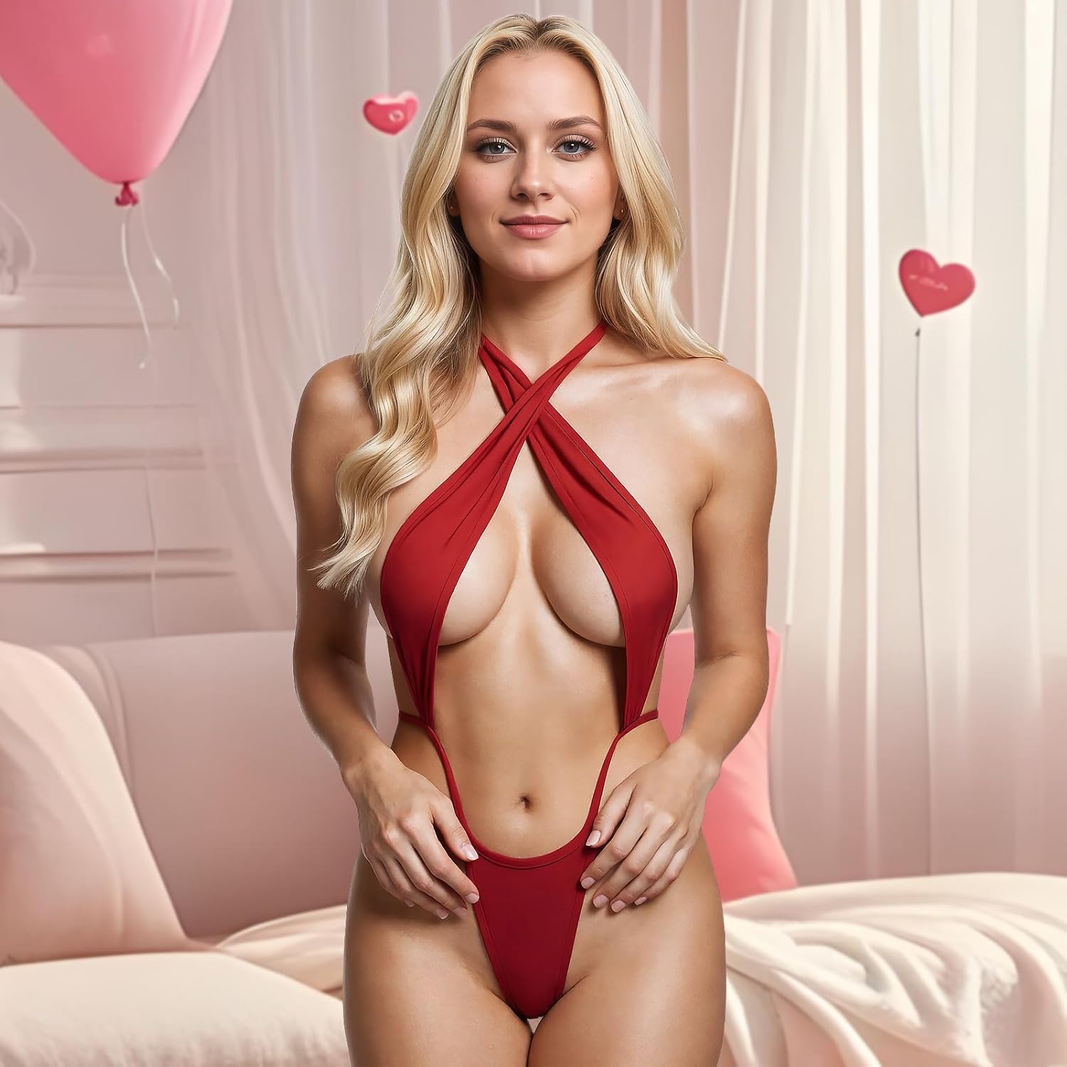 Sexy Lingerie for Women Naughty Outfits, One Piece Bodysuit Cut Out Teddy Nightgown, Red, Onesize 80-140lbs - Image 4