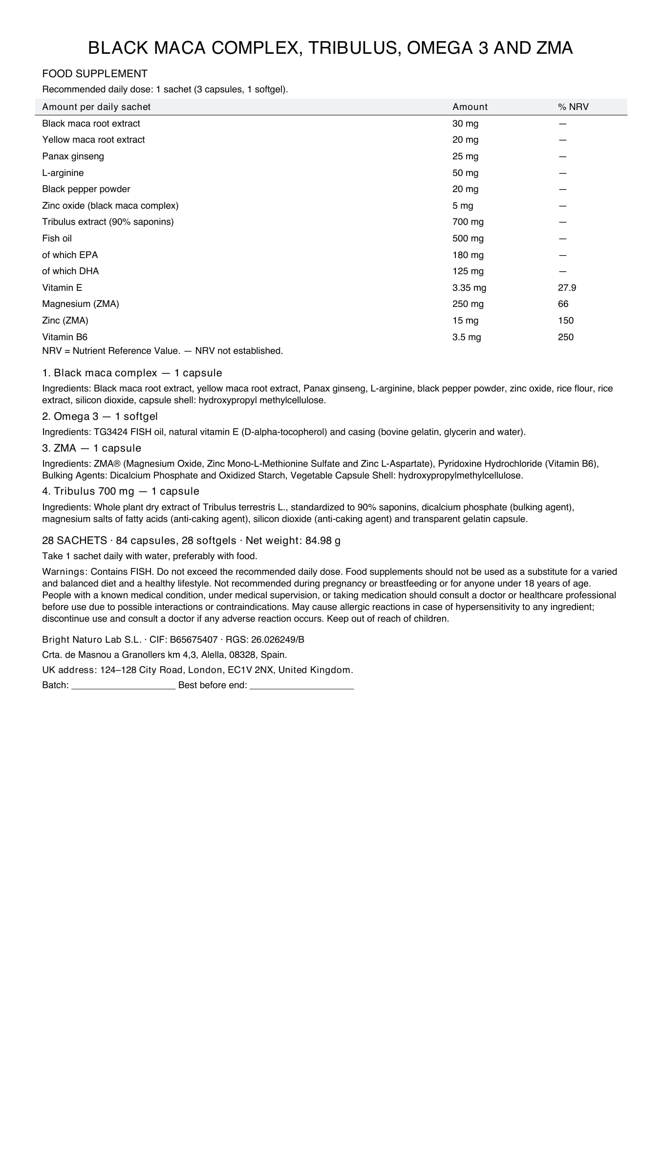 TRIBULUS + MACA + GRAINE-DE-UVA + L-ARGININE VIGUEUR, Potentiel, Force et Énergie. 100% naturel. 112 sachets quotidiens