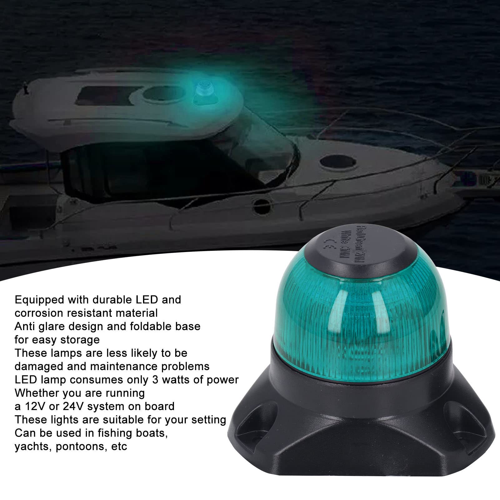 Luce di navigazione a LED per barche, luce di poppa marina, luce di navigazione pieghevole impermeabile IP67 antiabbagliamento con consumo di energia basso di 3 W per yacht da (Verde 2NM 101LM)