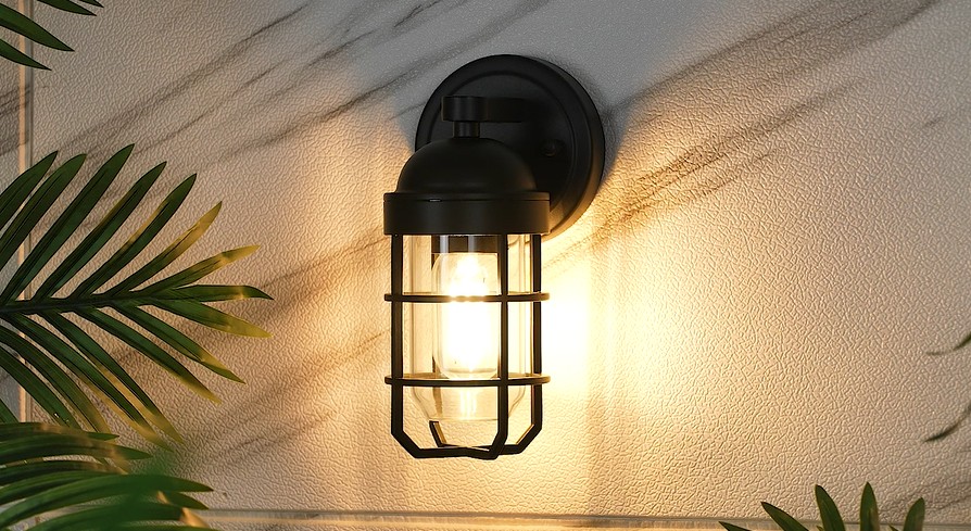 Image of Emliviar Modern Outdoor Wall Light for House Porches, Solid Classic Metal Cage, Retro Charm Exterior Wall Light, Clear Tempered Glass, Black Finish, GE255B BK