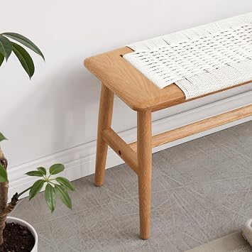 Natural Oak Wood Dining Bench, Hand Woven Bench Surface Design, for Entryway, Bedroom, Living Room, Kitchen Room, Bathroom (White)
