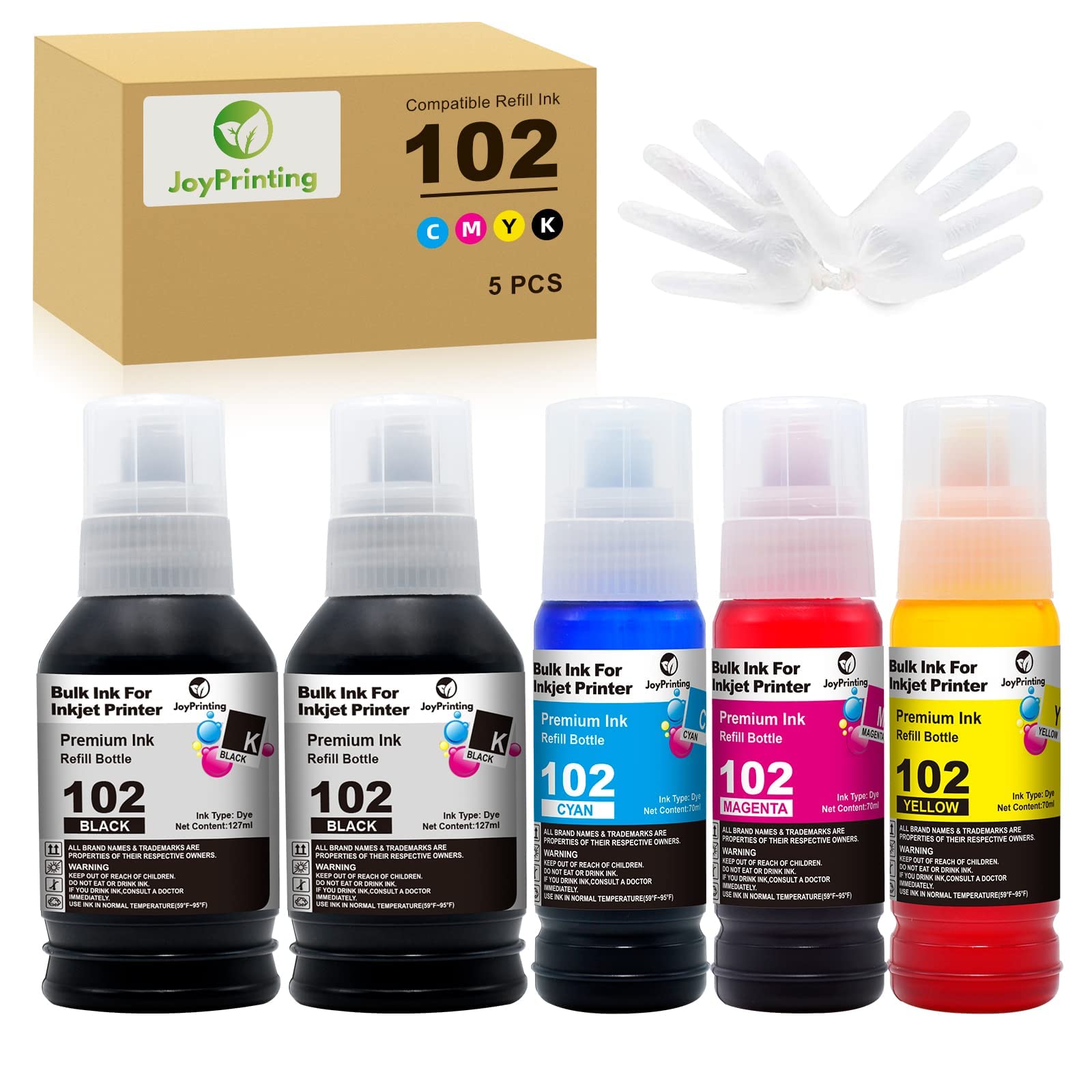 102 Ink Replacement for Epson 102 Ink Bottle Refills Compatible with Epson EcoTank ET-2750 ET-2700 ET-2751 ET-2756 ET-3700 ET-3750 ET-4750 ET-15000 (Black/Cyan/Magenta/Yellow 5-Pack)