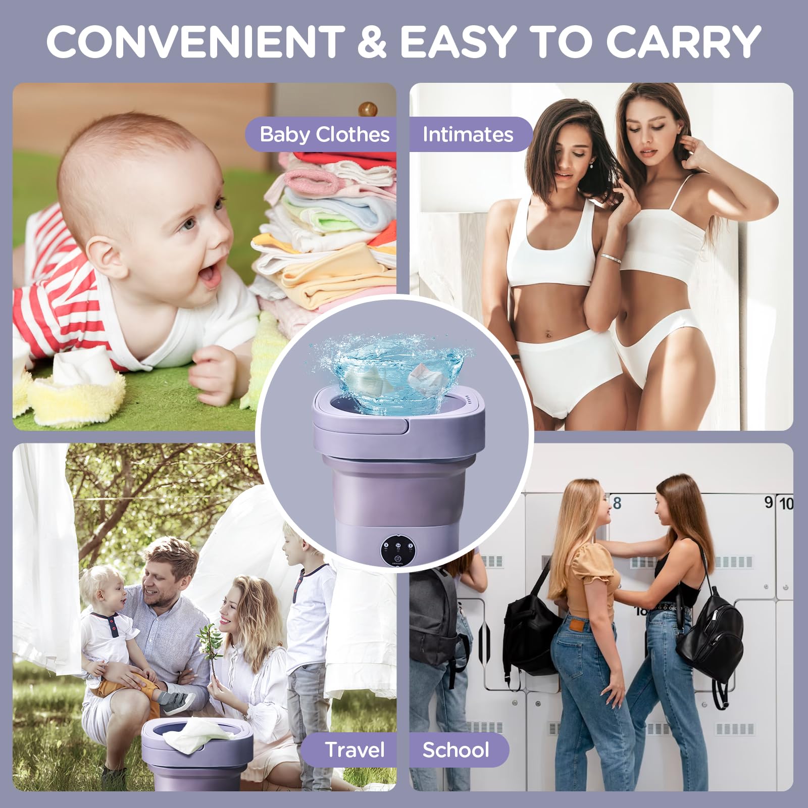 Mini Faltbare Waschmaschine, 10L Camping Reisewaschmaschine mit Schleuder, 3 Reinigungsmodi Ultraschalltechnik Portable Washing Machine, Leicht und Kompakt für kleine Wäschestücke Zuhause-Lila