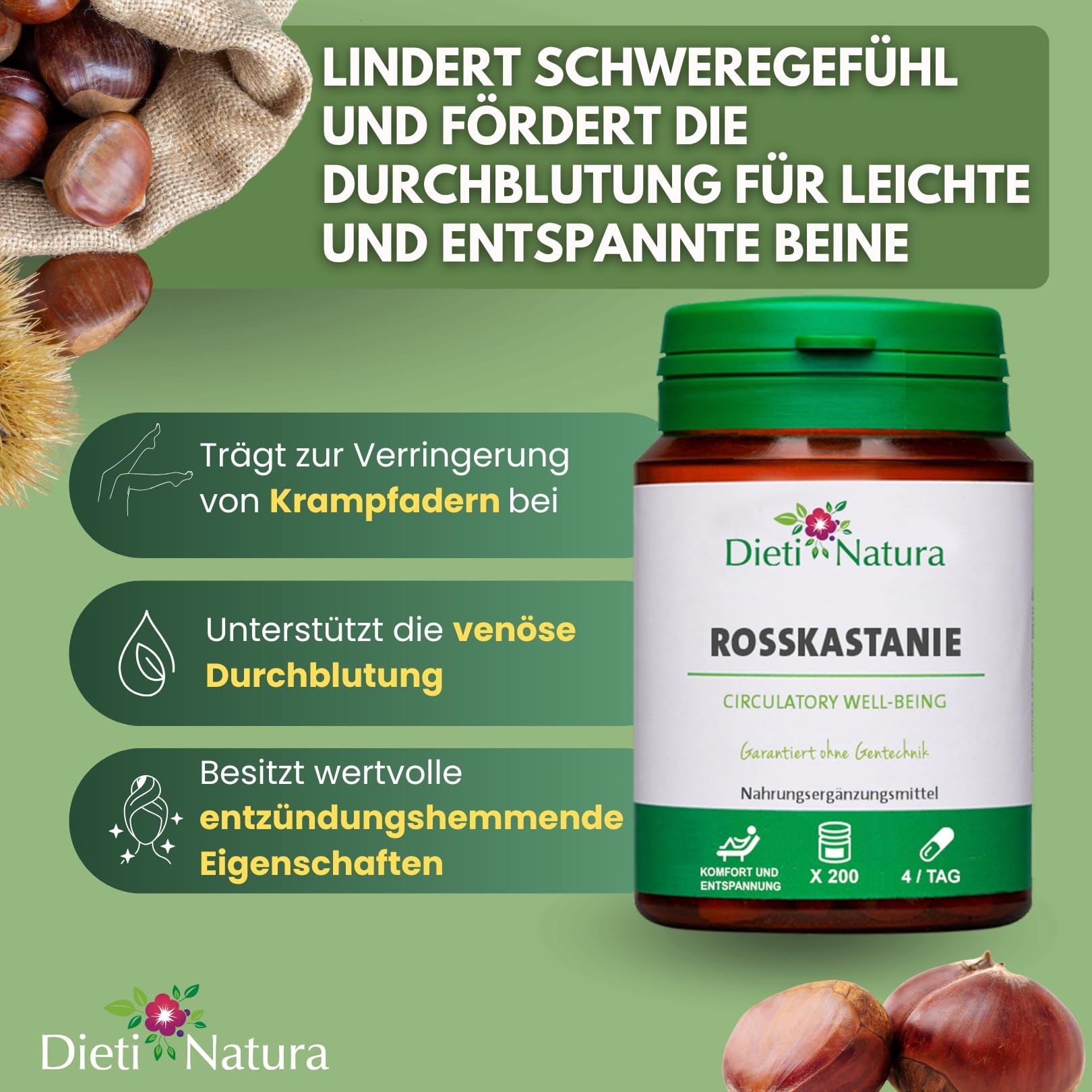 Dieti Natura Rosskastanie, natürliche Linderung für müde und schwere Beine, verbessert die Durchblutung und venöse Gesundheit, Ergänzung für Krampfadern, Schwellungen und Flüssigkeitsretention, 3