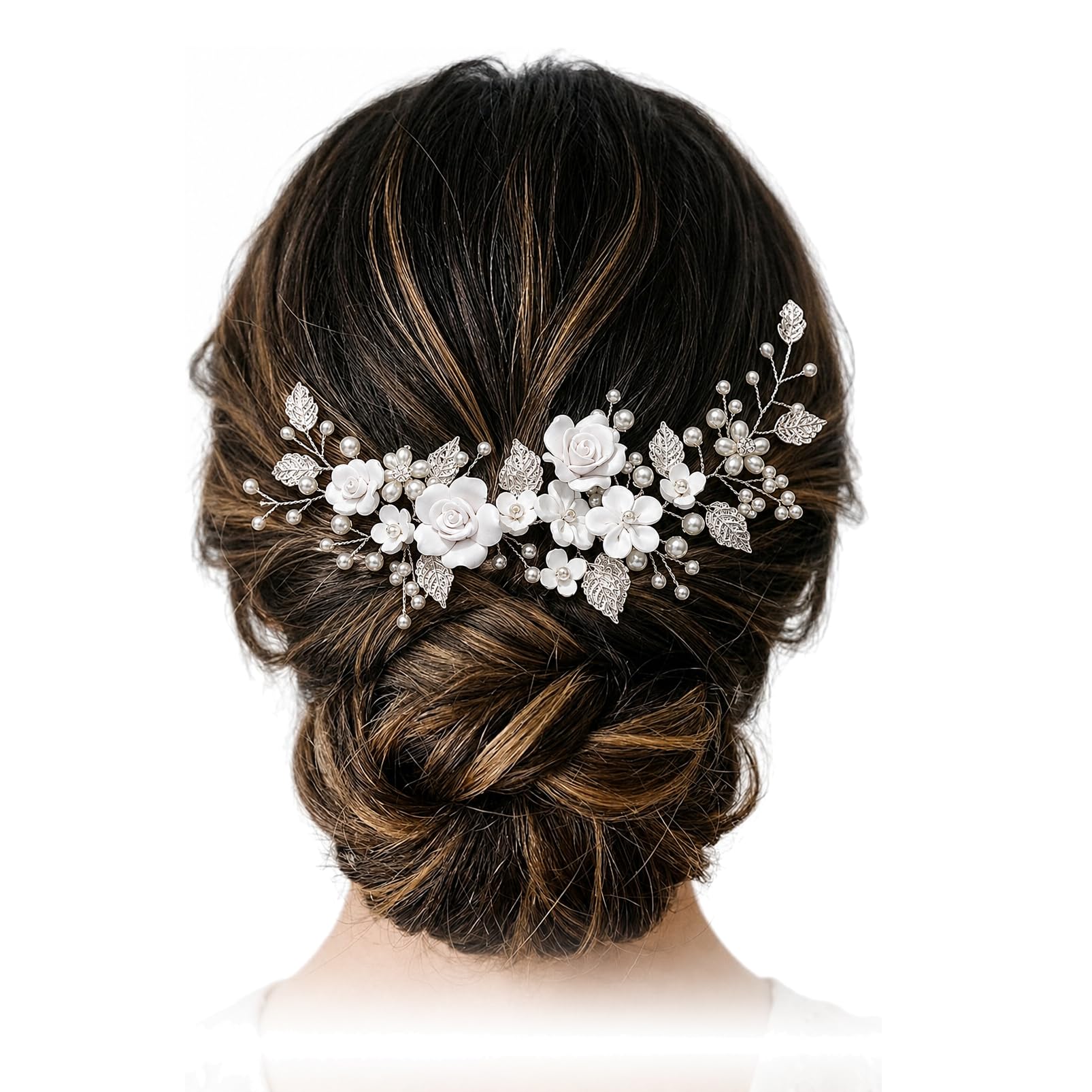 Bridal Hair Accessories for Wedding - Silver Pearl Flower Vine, Handmade White Floral Hair Piece with Alloy Leaves, Flexible Headpiece with 4 Pins for Bride, Bridesmaid, Prom & Party (Silver) (White)