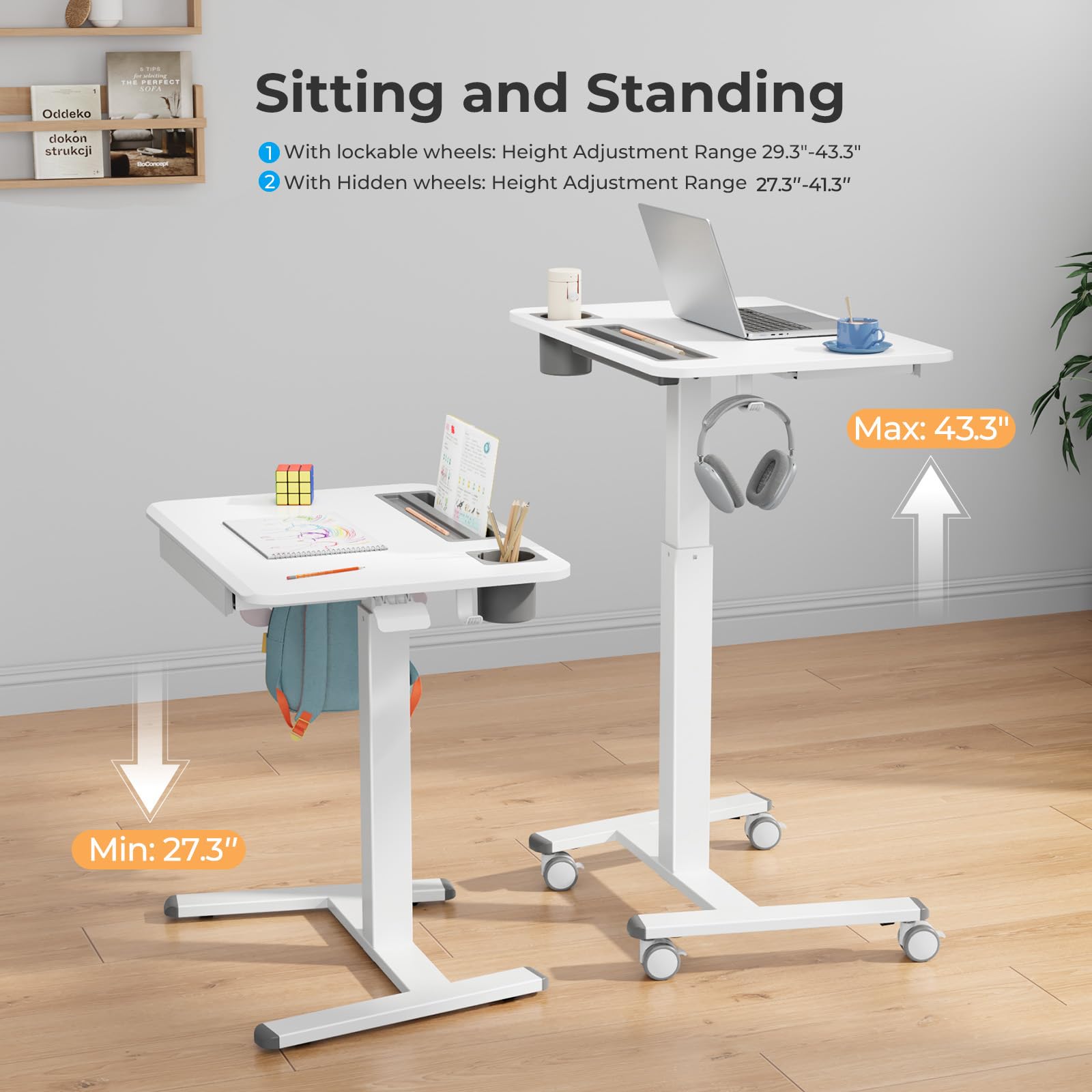 Mobile Standing Desk with Drawer 28 Rolling Desk with Cup Holder and Hooks Portable Laptop Cart on Wheels — view 5