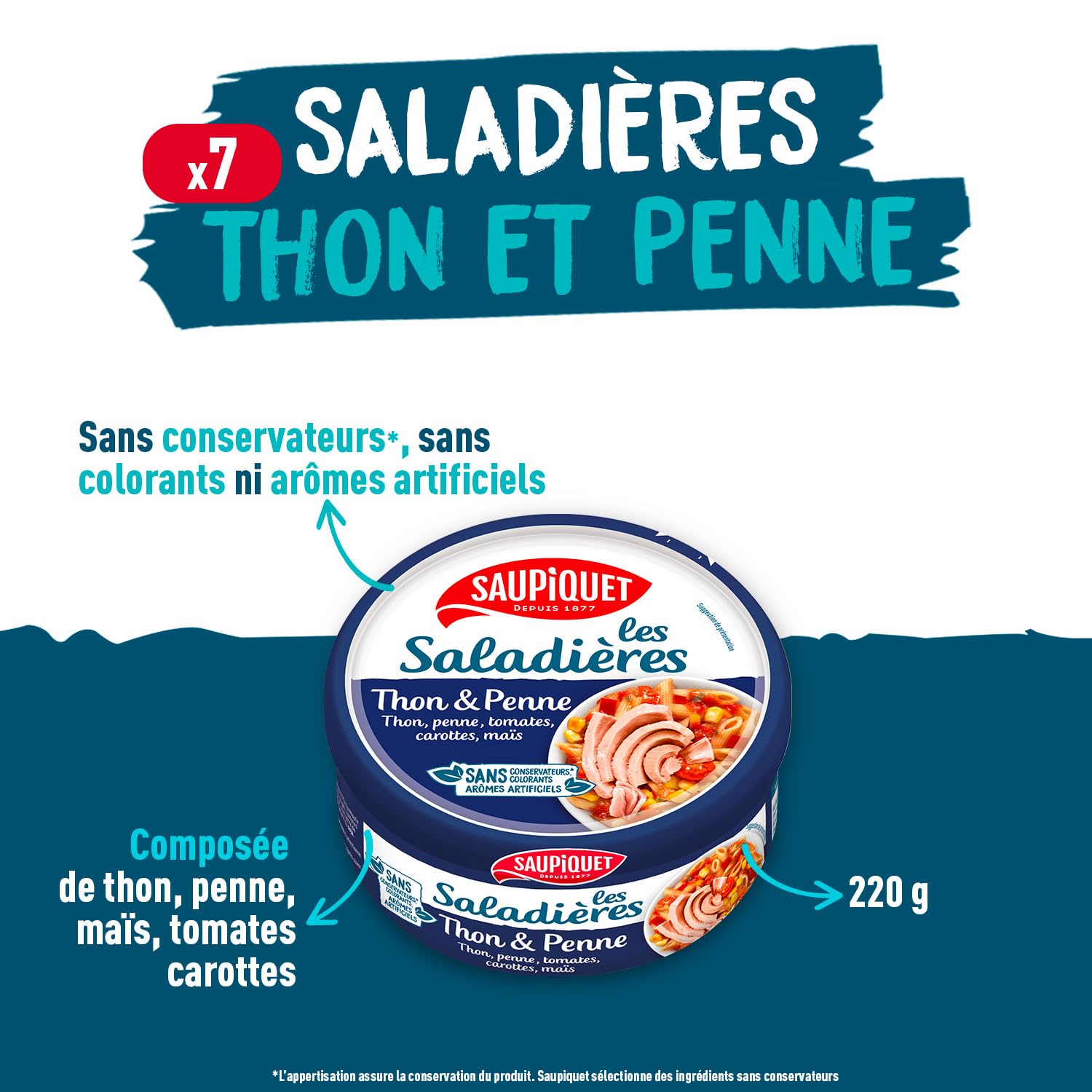 SAUPIQUET - Saladières Thon Penne - Salade Préparée Prête à Consommer - Conservation Température Ambiante - Idéale Pique-Nique - Poisson Issu Pêche Traçabilité Garantie - 7 Conserves (220 g)