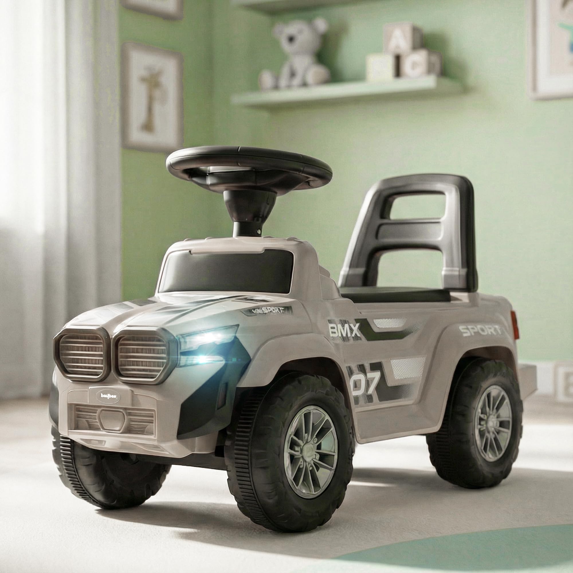 Baybee Nitro Ride on Cars for Kids | Portable Ride on Jeep with High Backrest & Toy Storage | Baby Push Ride ons Toys Car with Music & LED Light | Outdoor Kids Cars for 1 to 3 Years Boy Girl (Desert)-image-1