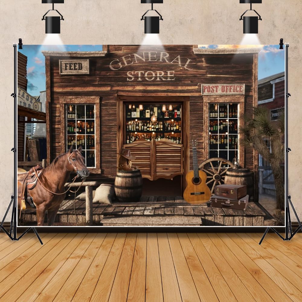 Pnylzzyxh Western Cowboy Backdrop Wild West Horse General Store Feed Post Office Backdrop Boys Theme Photo Backdrop Banner Photography Background
