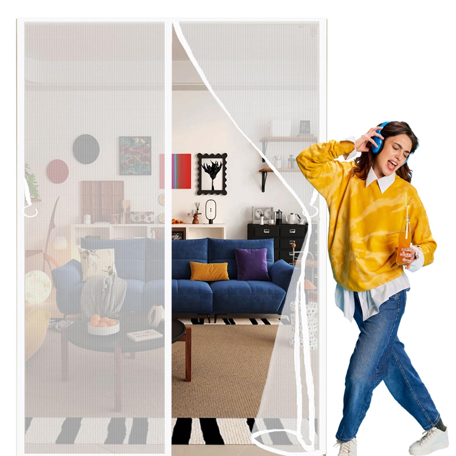 Guojun White Fly Screens Doors 60 X 275 Cm Powerful Magnets And Full Frame Magic Tape Screen Mesh Curtain Easy To Install Without Drilling For Patio Bedroom Sliding Kitchen,