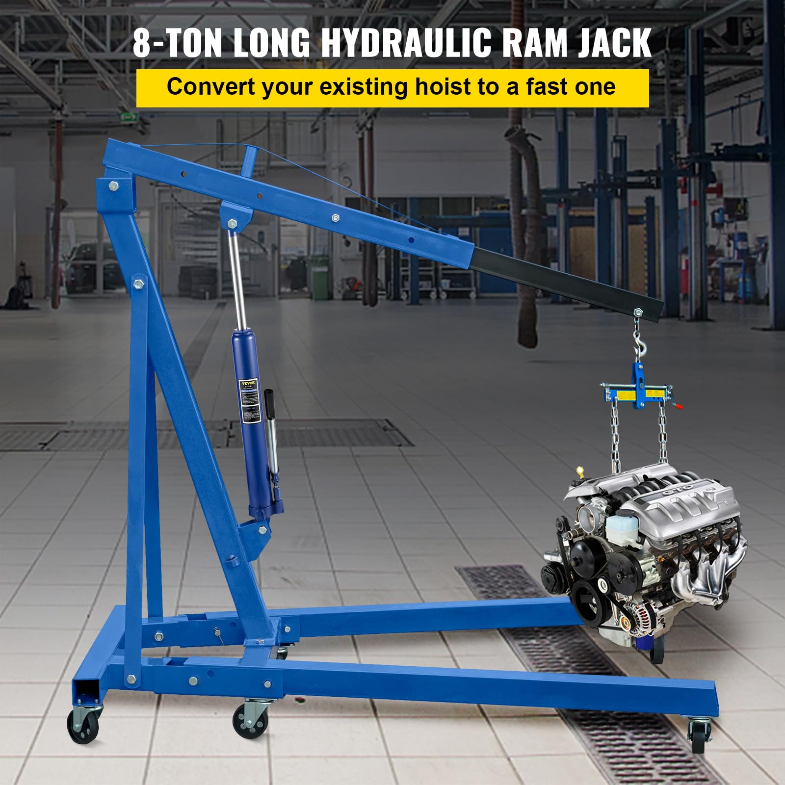 VEVOR Cric idraulico a pistone lungo, capacità 8 tonnellate, con pompa a pistone singolo e base a forcella, per gru da garage/negozio, paranco di sollevamento motore, blu