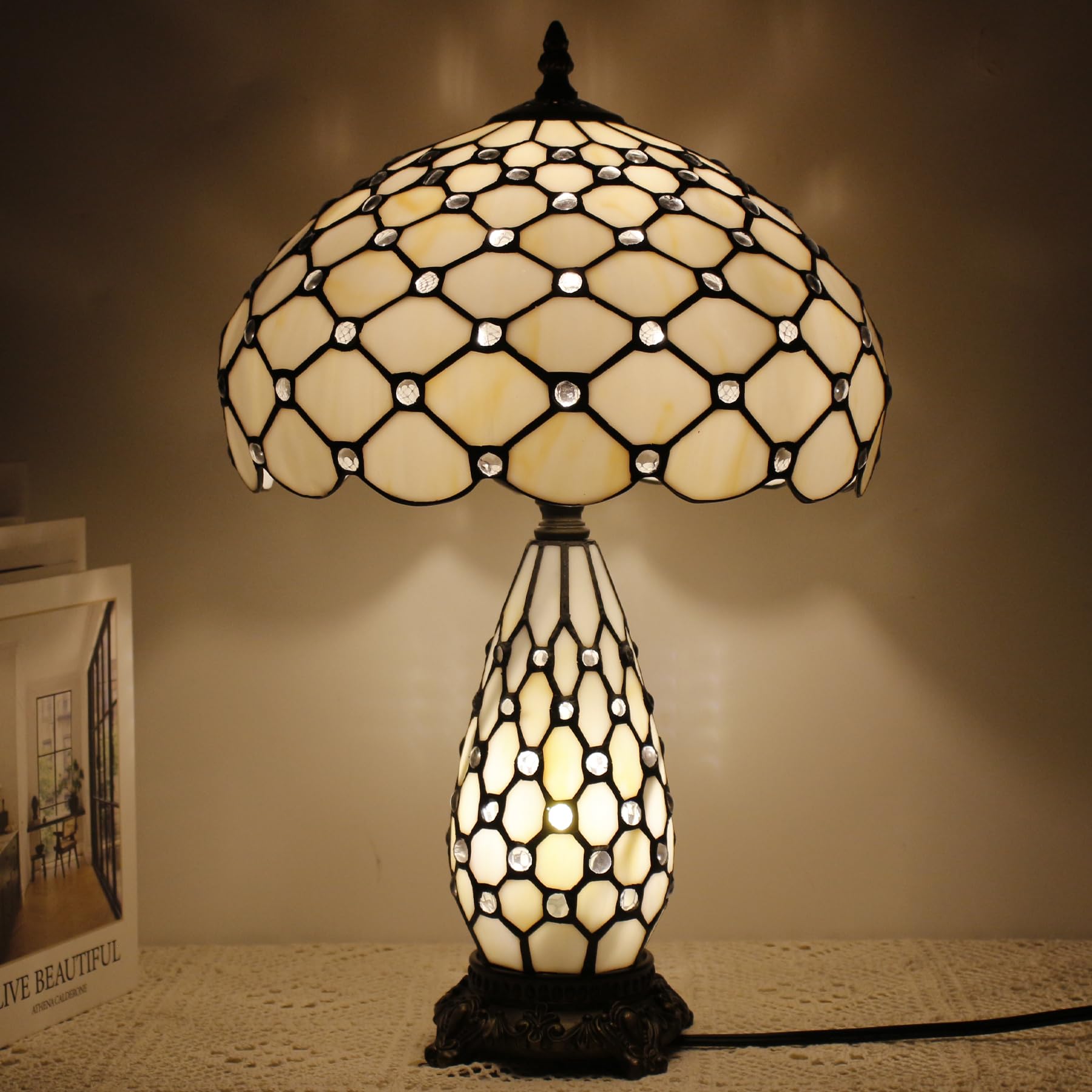 TCODTPOL Tiffany Stained Glass Table Lamp 12X19 Inches,White Yellow