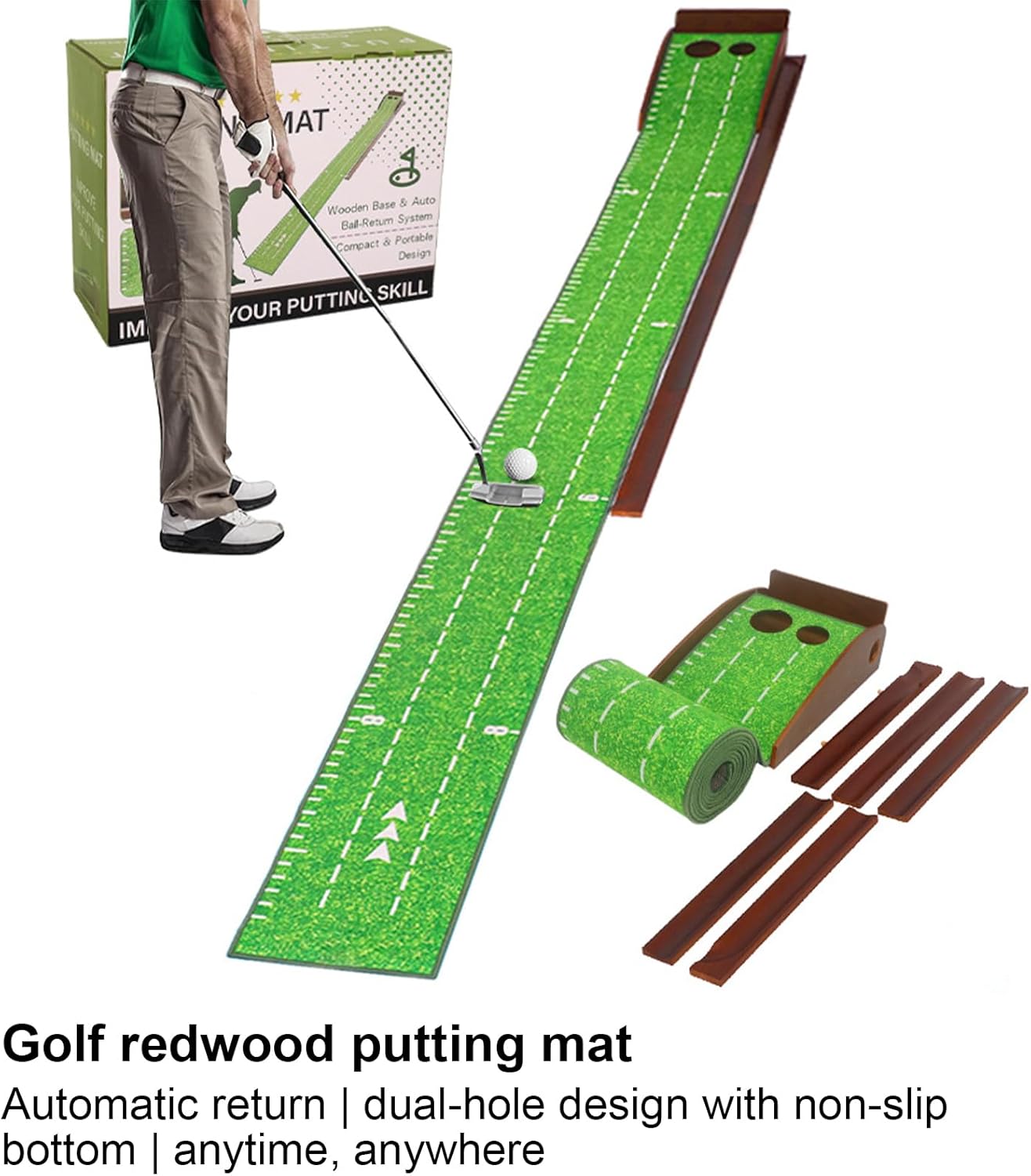 ゴルフ パッティング マット - 118.11 インチ 木製 屋内練習用 グリーン |距離スケールと自動リターン付き - ベルベット