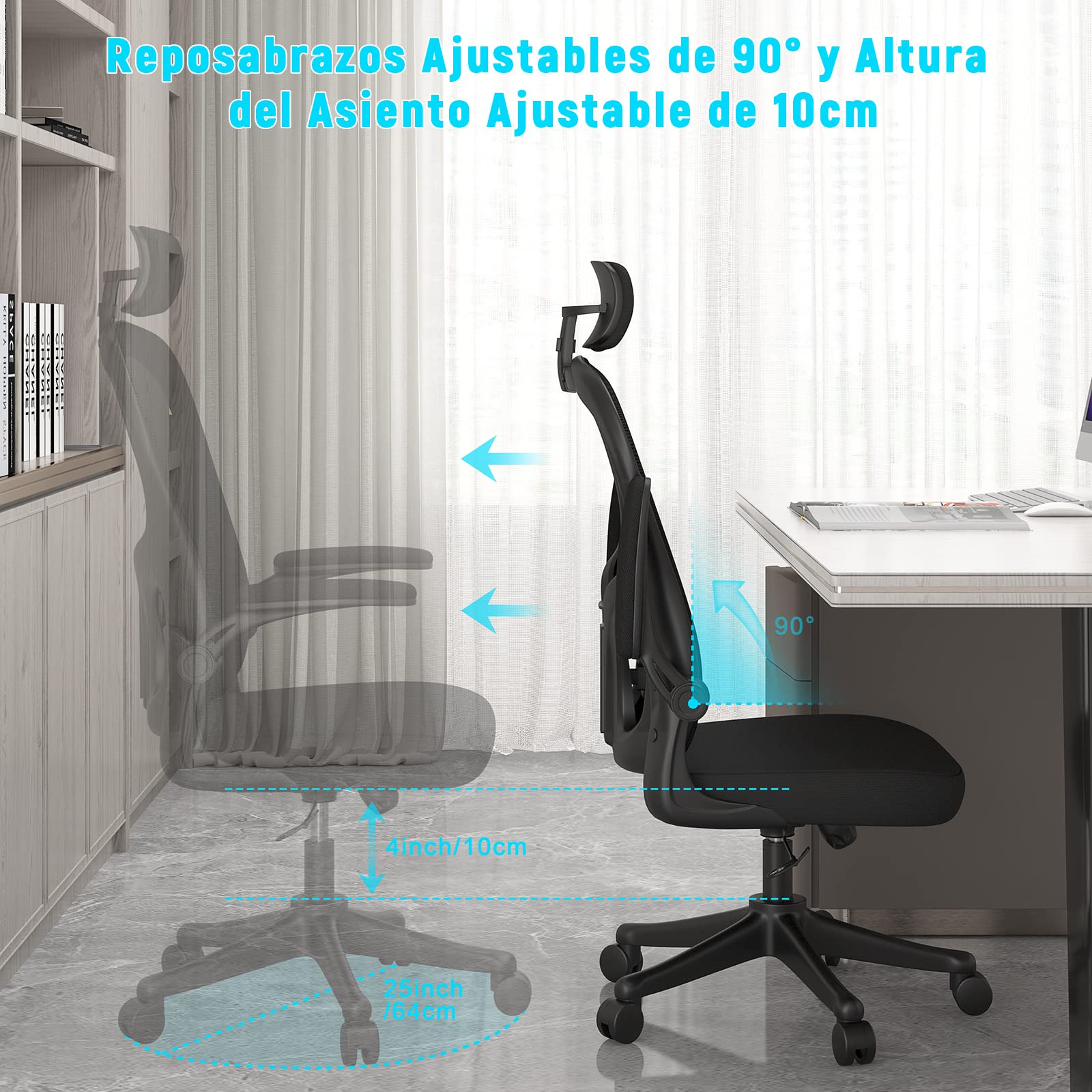 rattantree Silla de Oficina, Silla de Escritorio Ergonómica con Reposacabezas Ajustable y Soporte Lumbar, Respaldo de Malla Transpirable, Reposabrazos Abatibles de 90°, Silla Giratoria de 360°