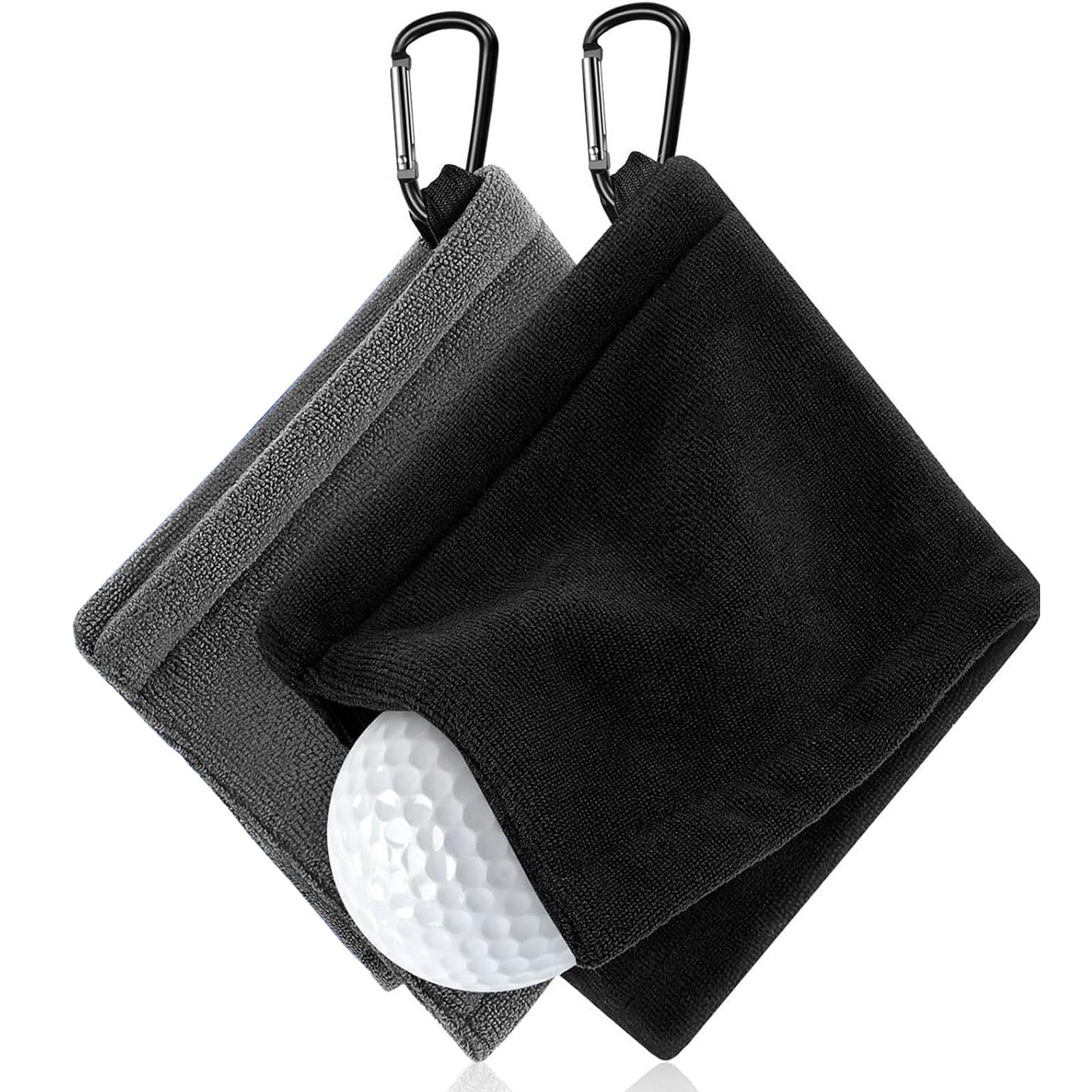 AWAVM Golf Towel 2-Piece Set - 5 x 5 Inch Microfiber Amphibian Towel with Snap Hook for Bags, Course, Exercise, Gym, Men & Women (Black & Grey)
