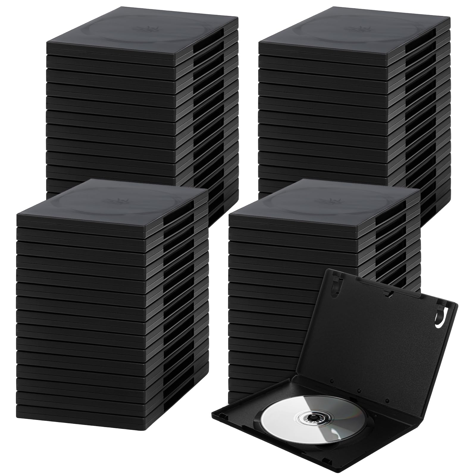 Paquete de 100 fundas estándar negras para DVD individuales de 14 mm, disco de plástico de 5.3 x 7.5 x 0.55 pulgadas con fundas protectoras transparentes y soporte de bloqueo de seguridad