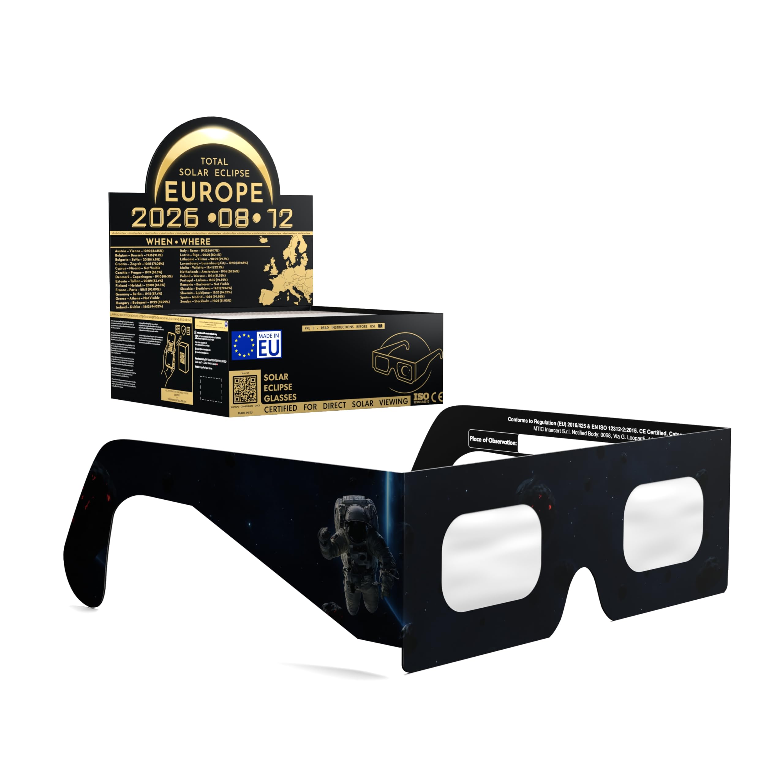 Solar Eclipse Glasses ISO 12312-2 CE Certified | Safe Solar Viewing Glasses UK | Paper Cardboard Frame | Total Solar Eclipse August 2026 | Made in EU | 50 Pack | EVA โ image 1