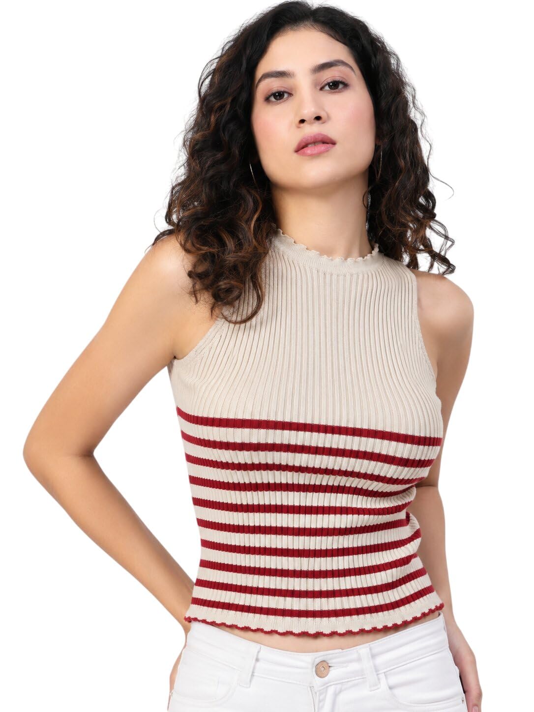 Kalt Womens Knitted, Ribbed Cotton Fitted Sleeveless Round Neck Cami Tank Top-image-11