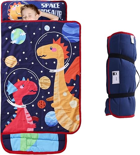 TANOSHII Tapete para siesta para niños pequeños con almohada y manta, patrón de dinosaurio, 21 x 53 pulgadas, acogedor, suave y lavable a máquina,