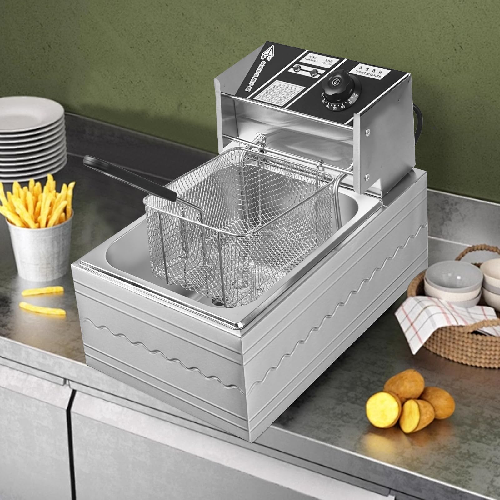 Friteuse commerciale 6L 2500W, friteuse à gaz professionnelle | en acier inoxydable - panier amovible - température réglable,avec paniers filtrants, couvercle,pour usage commercial et privé