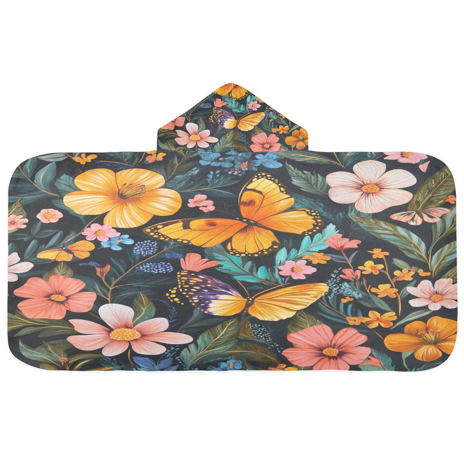 Kigai Butterfly Flowers Hooded Beach Towel for Kids Soft Absorbent Quick Dry Bath Towel with Hood Lightweight Toddler Shower Pool Bath Wrap for Boys Girls