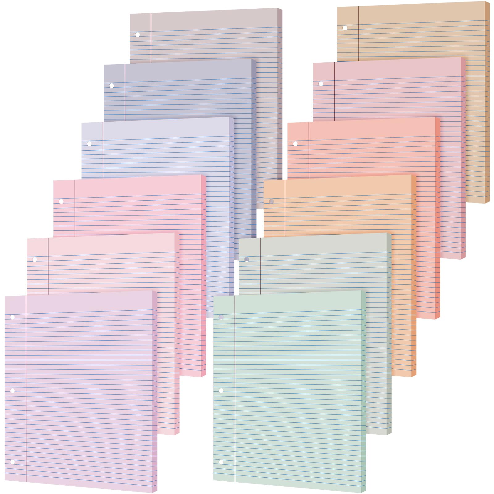 PerKoop Lot de 12 paquets de 600 feuilles de papier ligné coloré à lignes larges de 20,3 x 26,7 cm, feuilles mobiles à 3 trous, fournitures scolaires, espacement des lignes de 0,7 cm (couleur mignonne