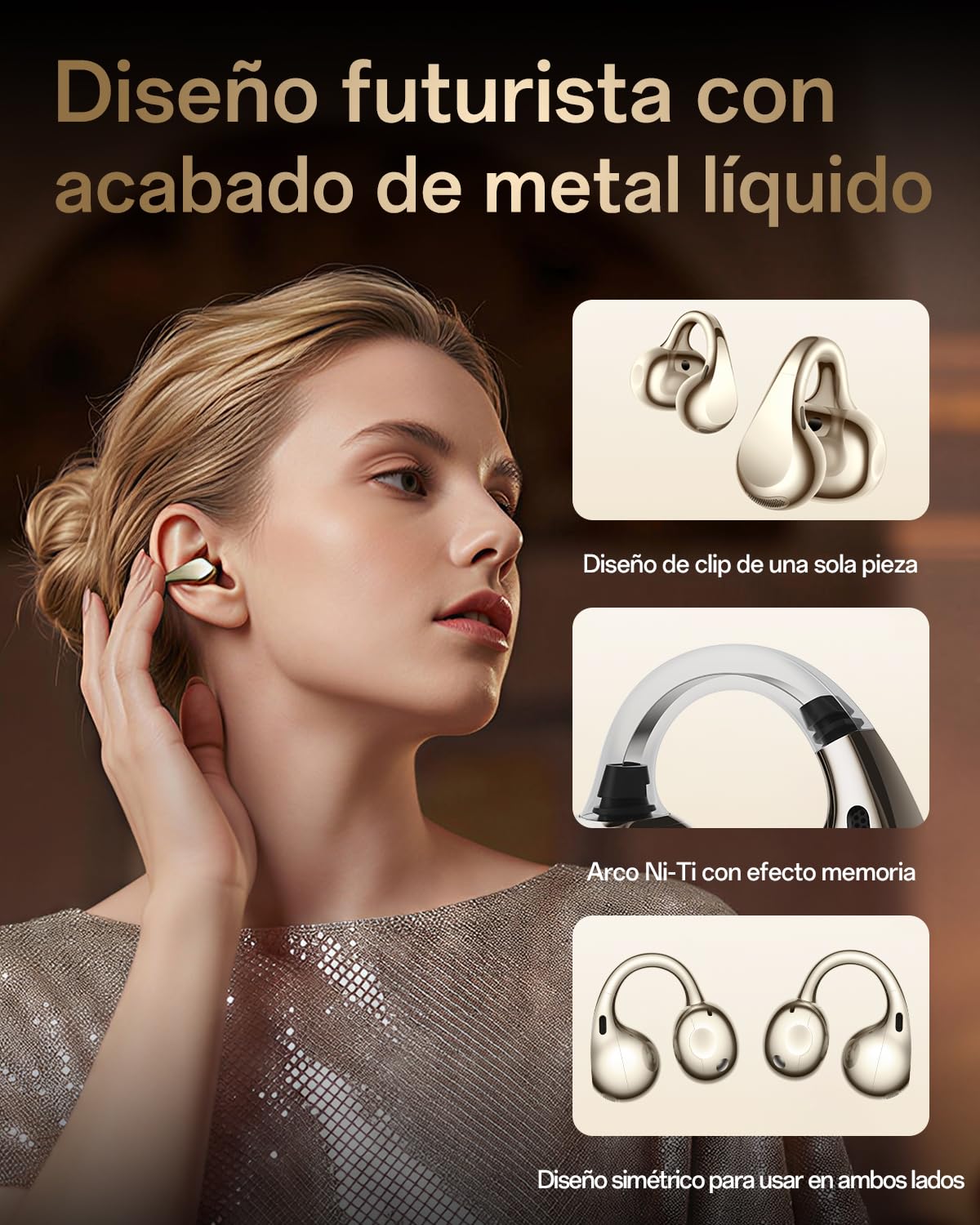 OPPO Enco Clip2 Auriculares Open-Ear, Drivers 11mm+9mm, Bluetooth 6.1 Sonido Dynaudio, Comodidad EarHug, Audio Hi-Res LHDC 5.0, 40H Autonomía, Llamadas por Conducción Ósea, Luminous Gold