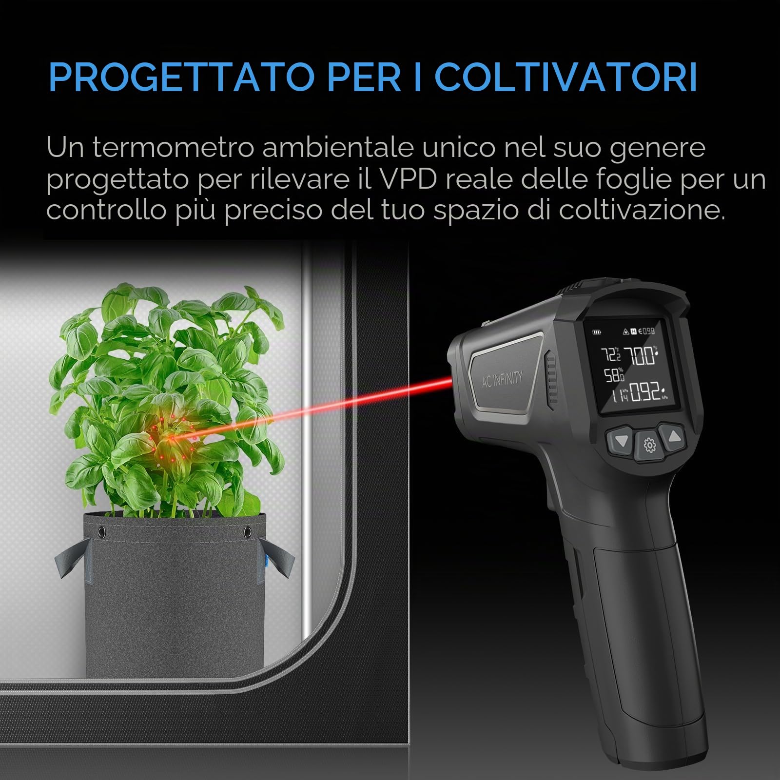 AC Infinity Termometro VPD, monitor ambientale portatile, cattura VPD e temperatura delle foglie, calibra controller intelligenti, gamma di infrarossi di precisione per piante, tende da coltivazione,