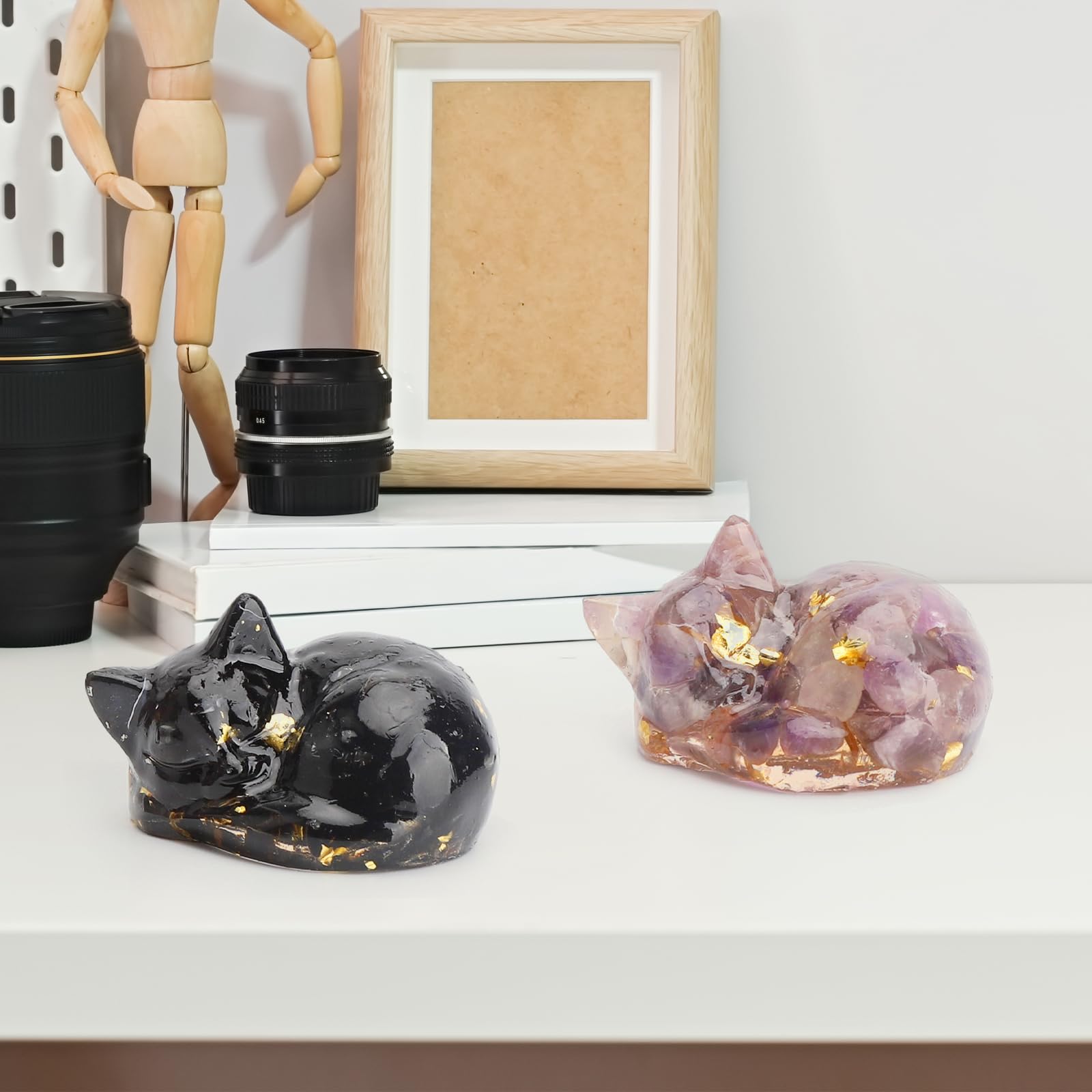 Figurine Chat endormi Cristal d'améthyste Statue Pierre sculptée Porte-Bonheur Chat Noir Décoration