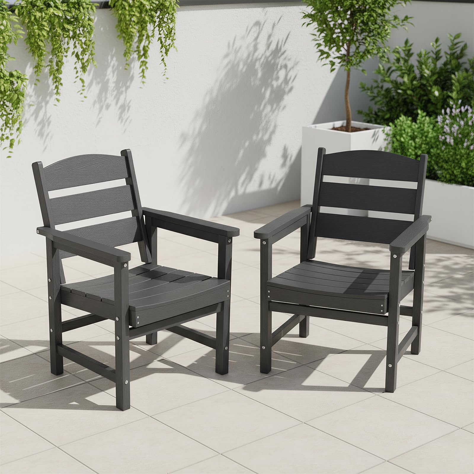 Patio Chairs Set of 2 | HIPS All-Weather Outdoor Dining Chairs with Armrests | Wood-Grain Finish, 420 lbs | UV Resistant, Low Maintenance, Easy Assembly for Porch, Deck, Poolside (Black)