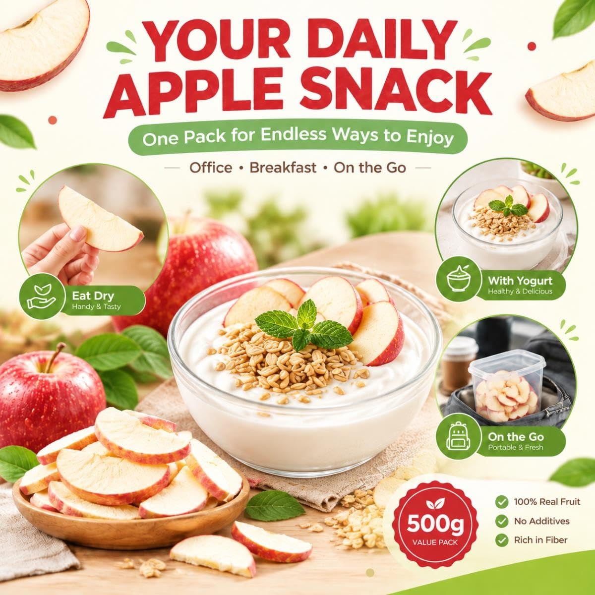 Rodajas de Manzana Liofilizada,Corte Grueso,Snack Crujiente,500g