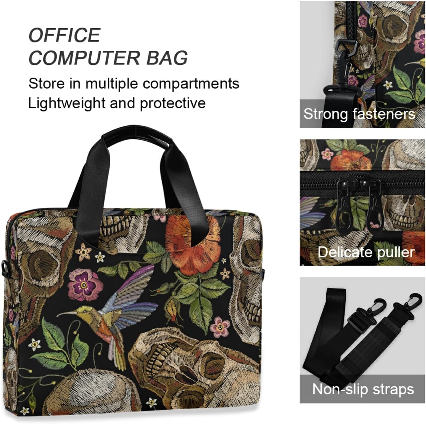 Laptop Bag Hummingbird Rose Skull 15.6 Inch Laptop Shoulder Bag Briefcase Office Bag for Men Women