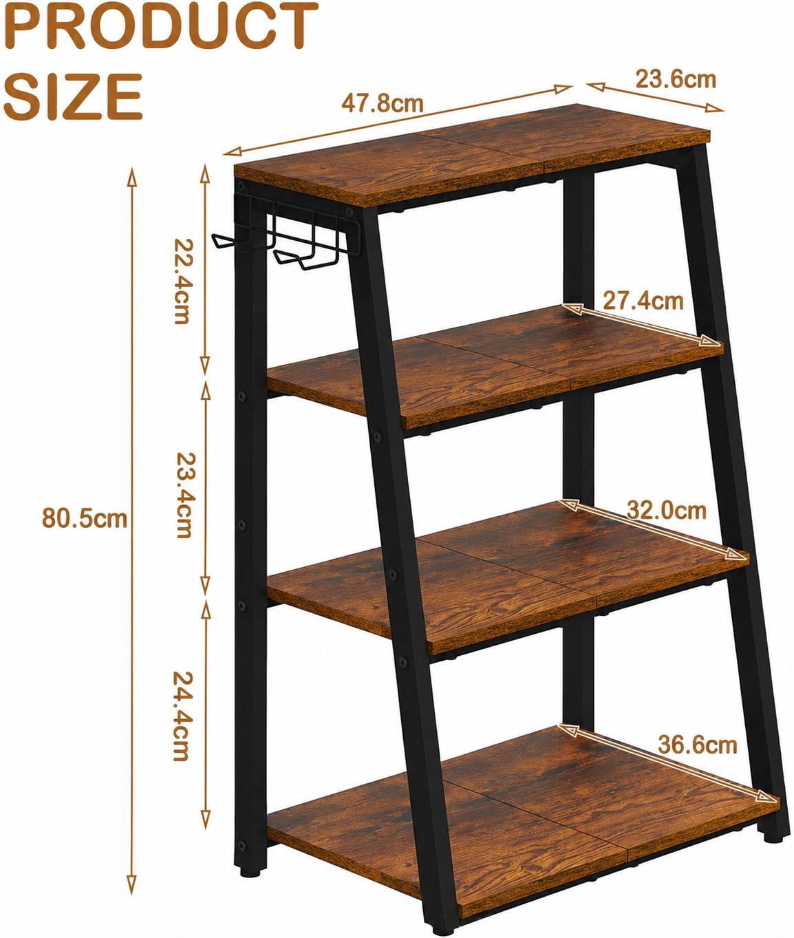 TWSOUL Rack HiFi a 4 livelli, giradischi, in legno e acciaio, torre audio, scaffale da gioco in legno con ripiani aperti, per giradischi e impianti stereo e impianto compatto, 48 x 36 x 80 cm