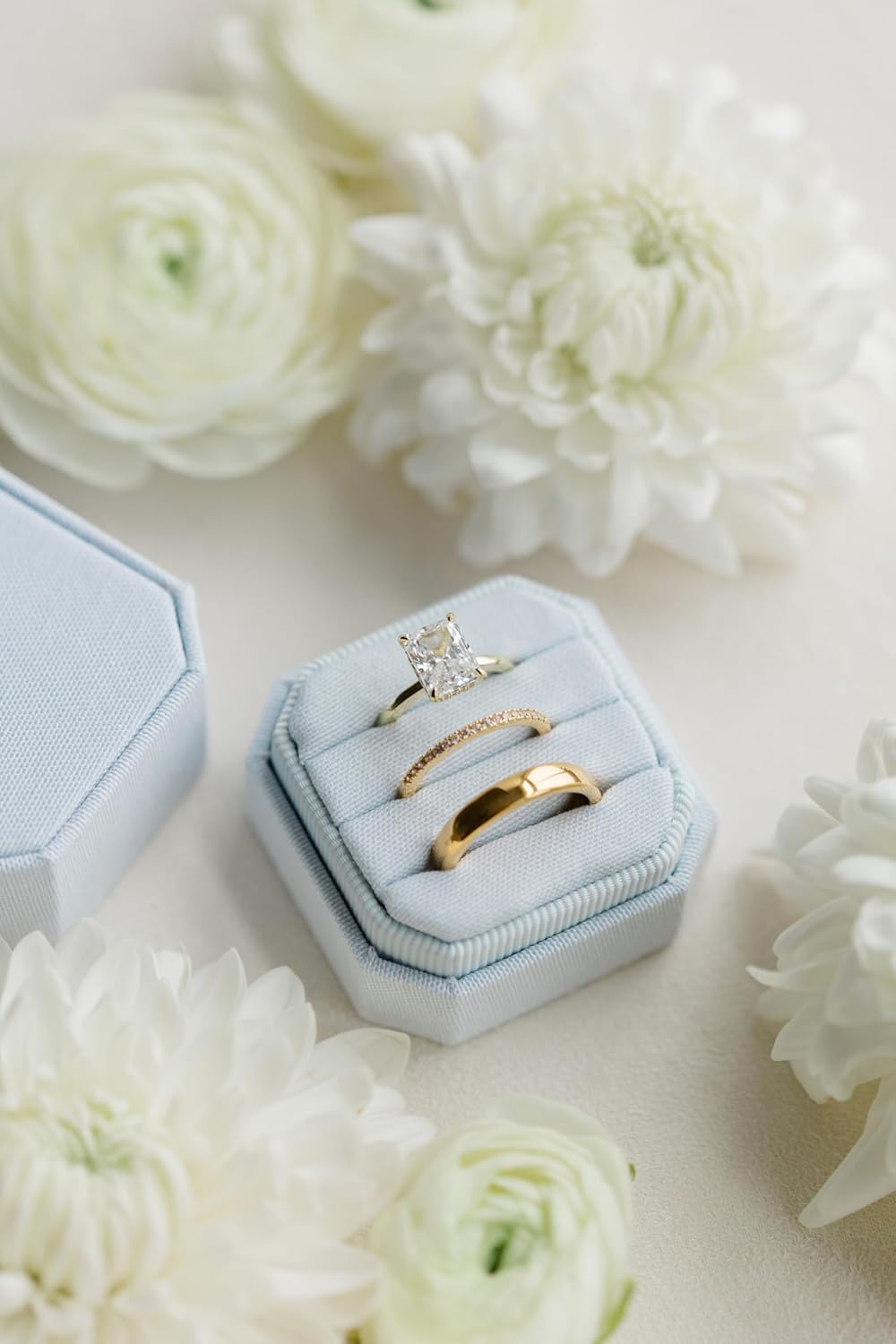 Linen Wedding Ring Box, Linen 3 Slot Engagement, Wedding Day Ceremony and Detail Photos, Removable Lid, Square Ring Box, 2"x2"x1.75" (Powder Blue)
