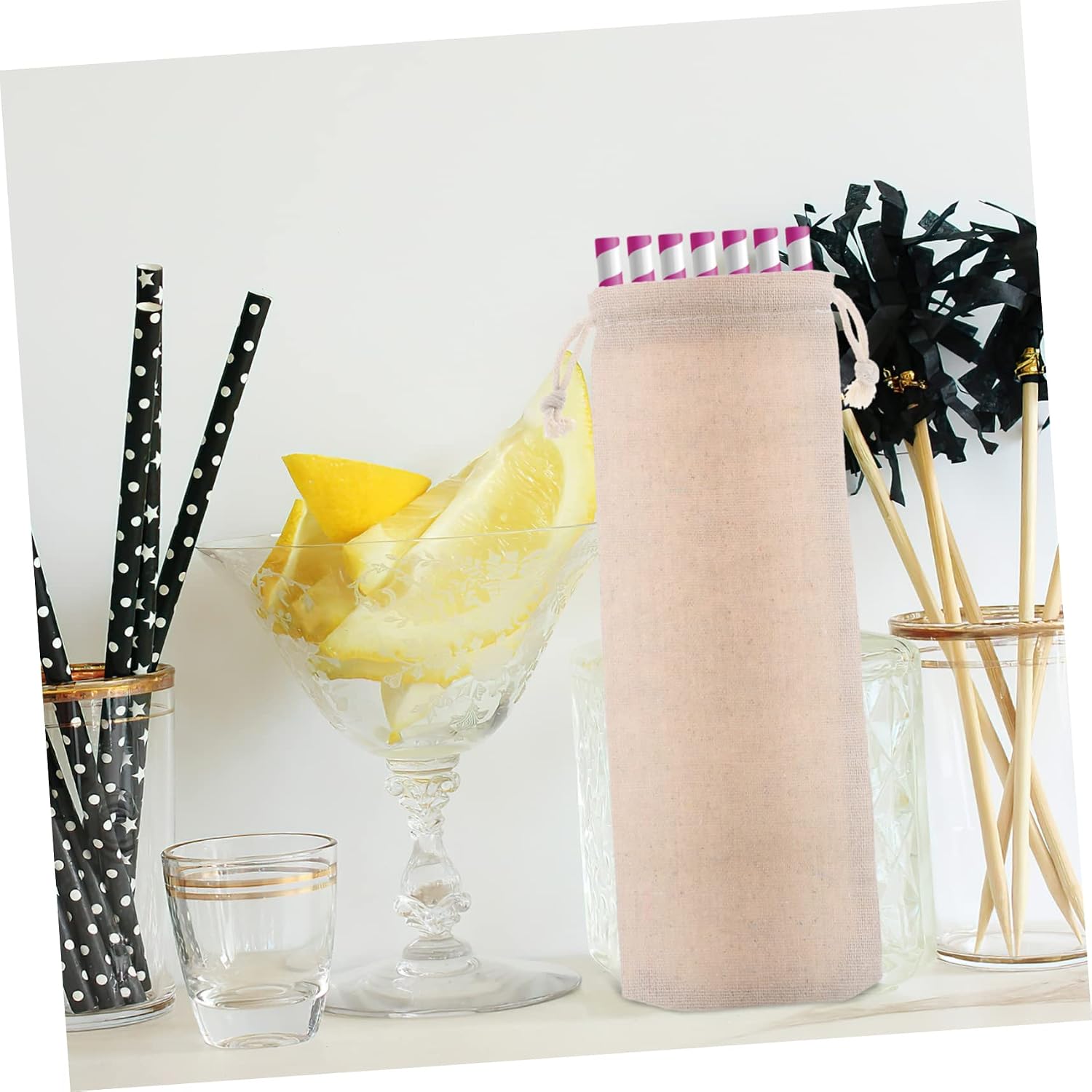 10 Pcs Cotton Linen Straw Pouches with Drawstring for Storage