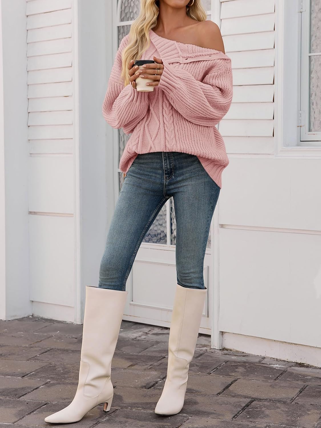 Saodimallsu Womens Oversized Cable Knit Sweaters 2025 Fall Winter Trendy Button Up Turtleneck Chunky Pullover Sweater Tops - Image 5