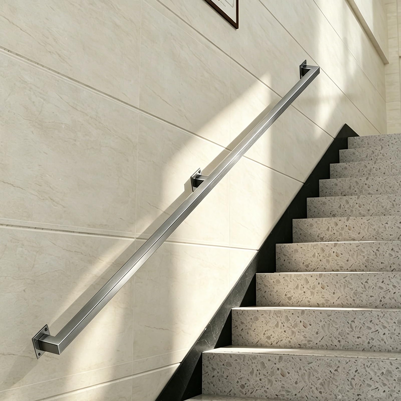 Industrial Stairs Handrail Kit, 30cm-600cm Wall Mount Banisters Square Pipe Support Rod, Heavy-Duty Hand Rails Grab Bar for Loft Porch Deck - Silver Stainless Steel(16ft/4.8m)