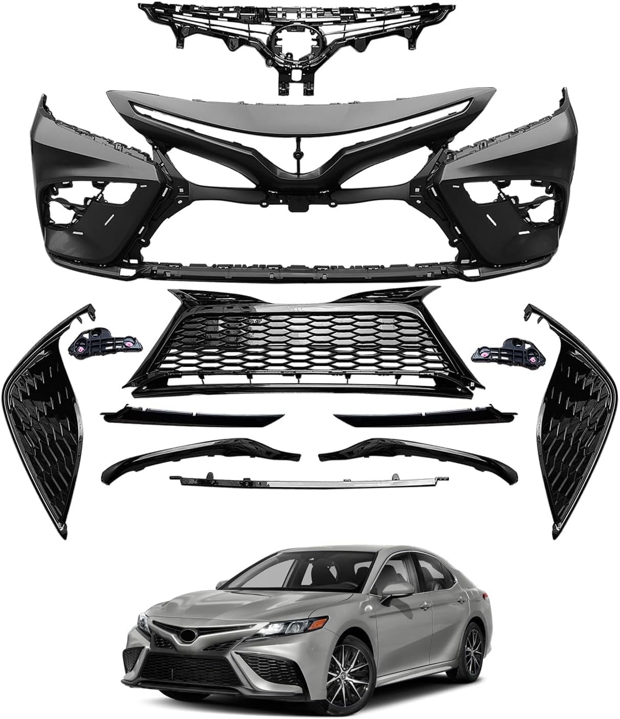 Camry SE Front Bumper Cover Grille Kit Fits 2021 2022 2023 Toyota Camry SE XSE Sedan- W/Upper& Lower Grille W/O Sensor Holes Cut-out, With Tow Hook Cut-out