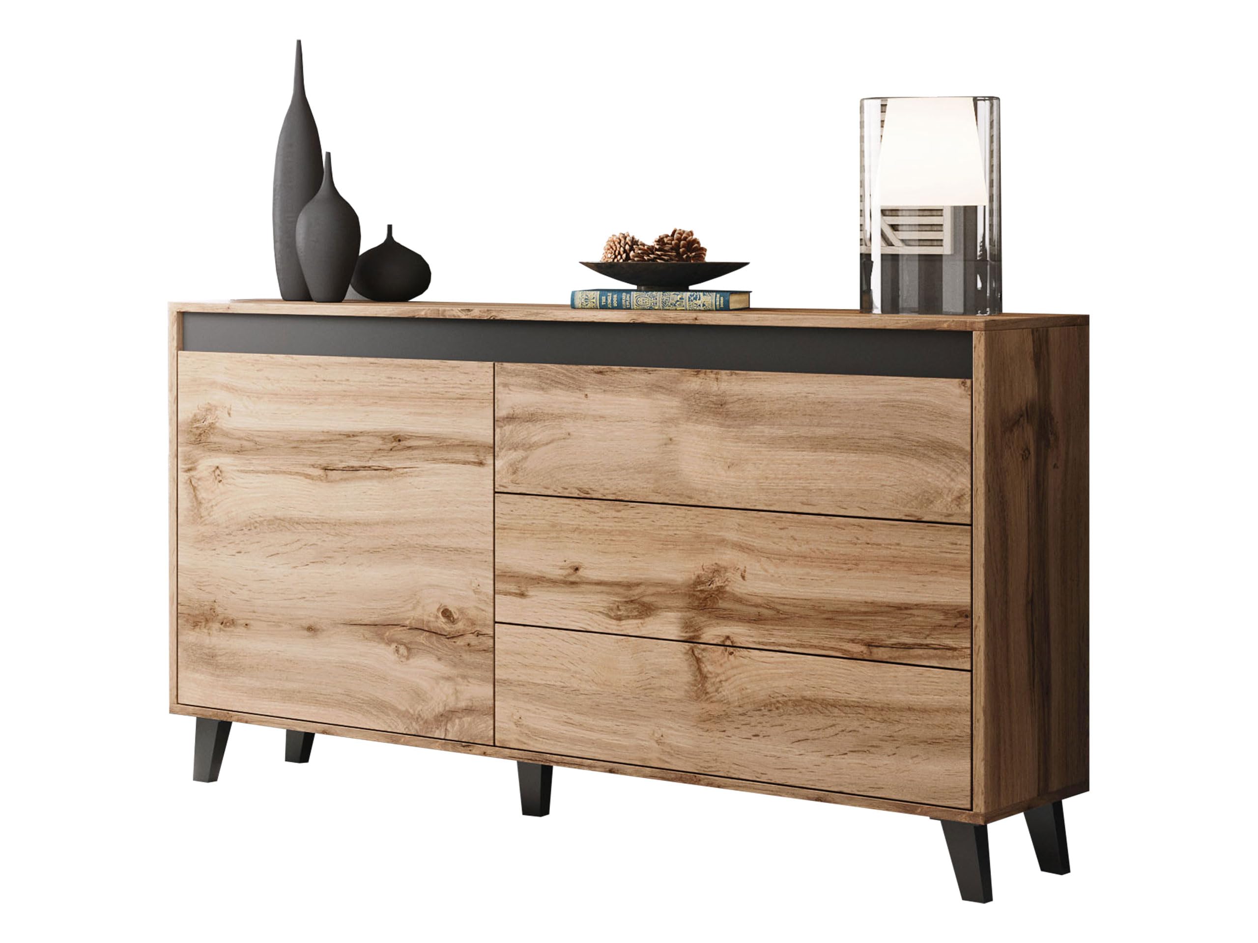 Mirjan24 LOUNGITUDE - Martin - Buffet 1 Porte - 3 tiroirs - Bois/Noir - L138 x P38 x H83cm