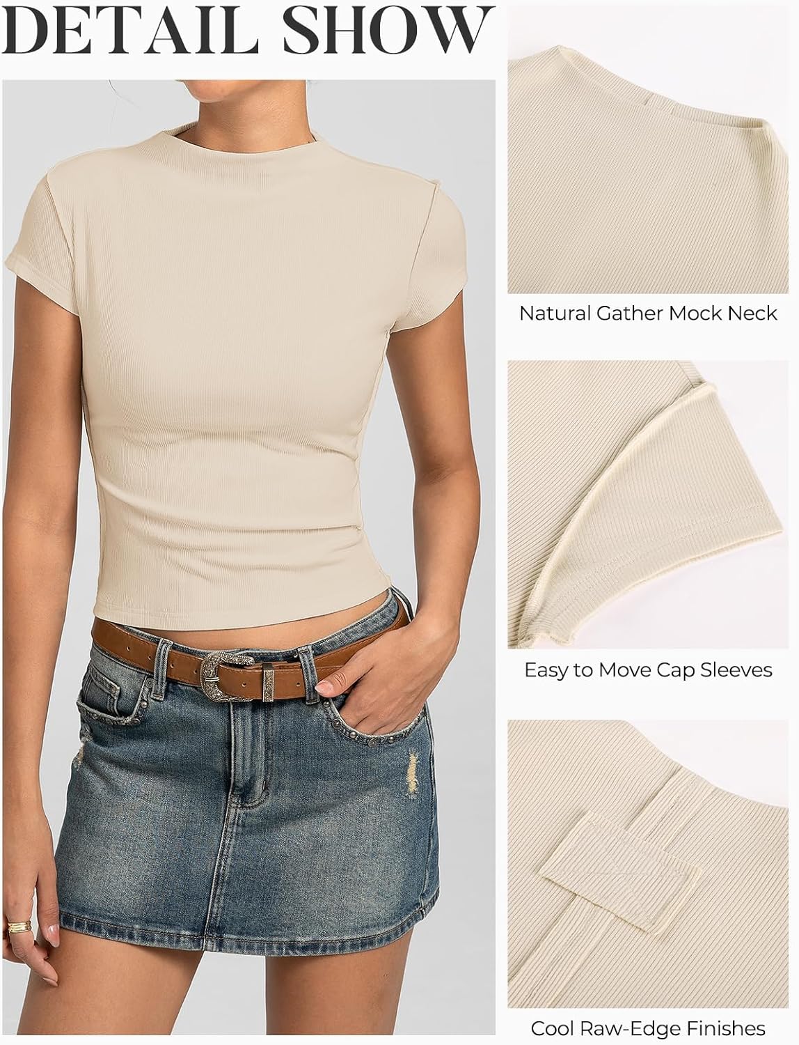 Kate Kasin Womens Ribbed Crop Top, Mock Neck Cap Sleeve Shirt with Raw Seam, Super Soft Stretchy Y2K Going Out Tops - Image 5