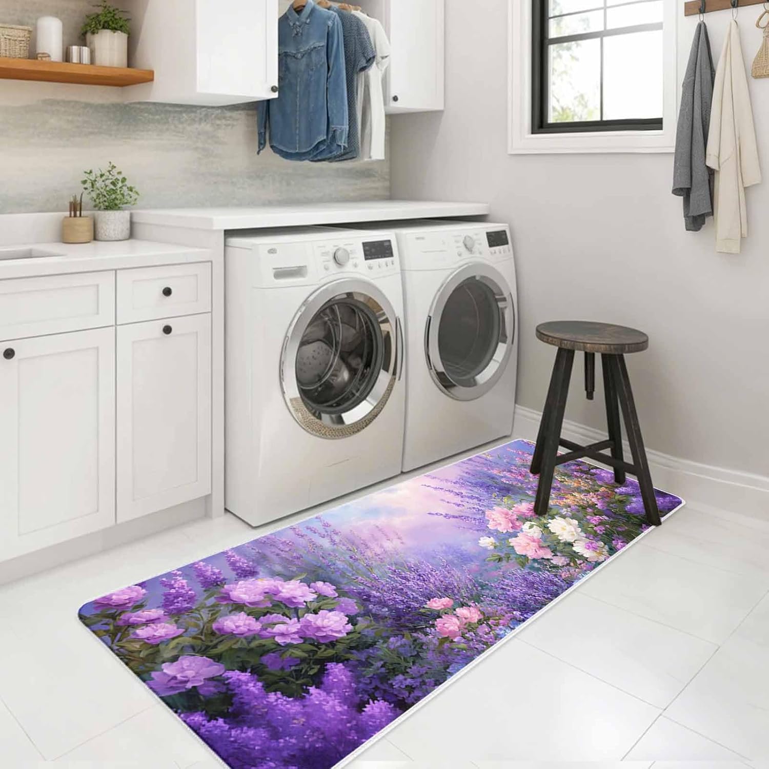 Spring Lavender Flowers Kitchen Rug and Mat,Washable Floor Mats Standing Cushioned Set of 2,Oil Painting Style Art Slip-Proof Doormat Runner Rugs for Indoor Bathroom Laundry Sink