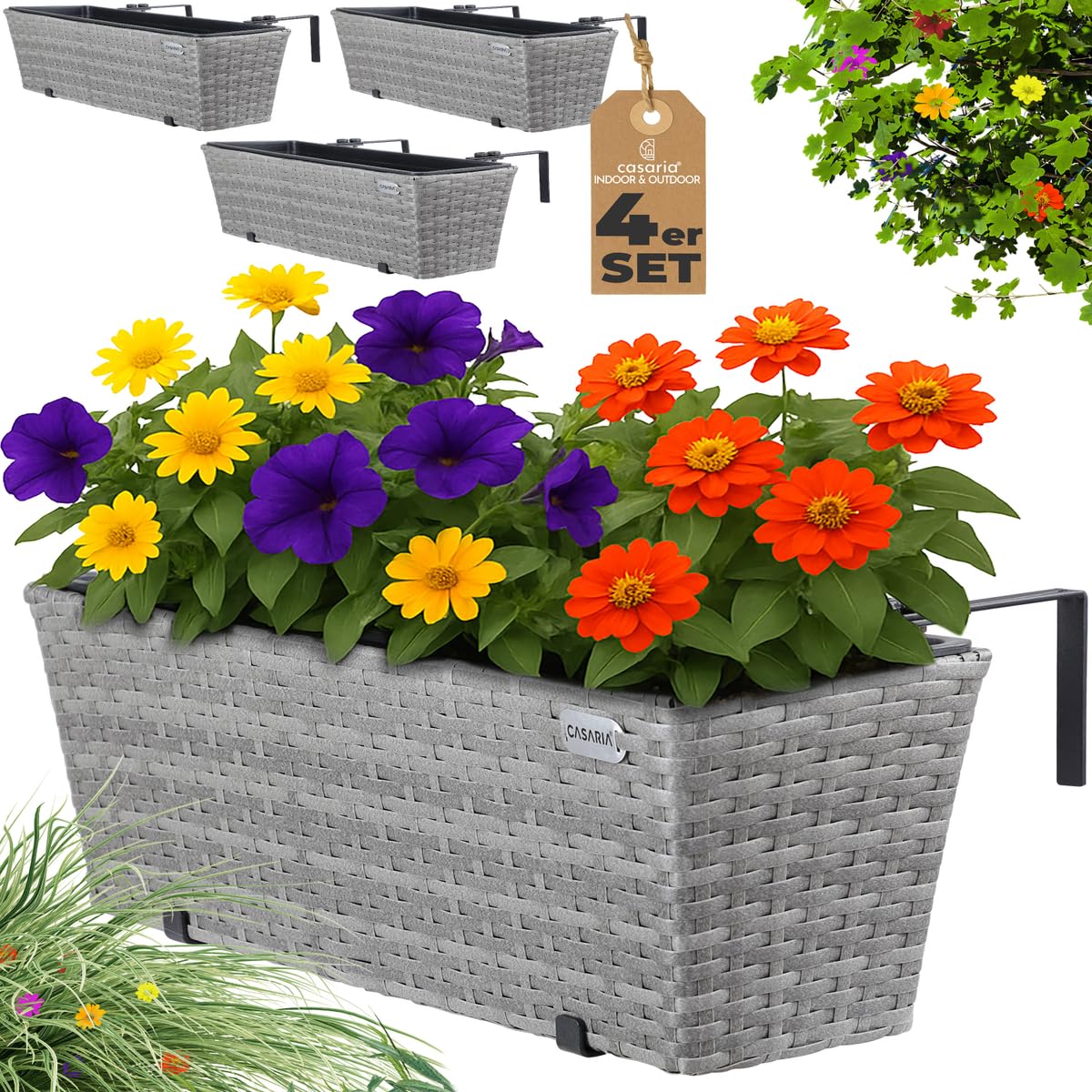 Casaria® Blumenkasten 4er Set 11 Liter Montagehalterung Indoor Outdoor Geländerkasten Balkonkasten Pflanzkasten grau