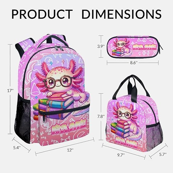 UNIKITTY Axolotl Backpack for Girls, 3PCS Personalized Kids School Bag Set with Insulated Lunch Box & Pencil Case - 17 Inch Large Capacity Water Resistant Bookbag for Elementary Middle School