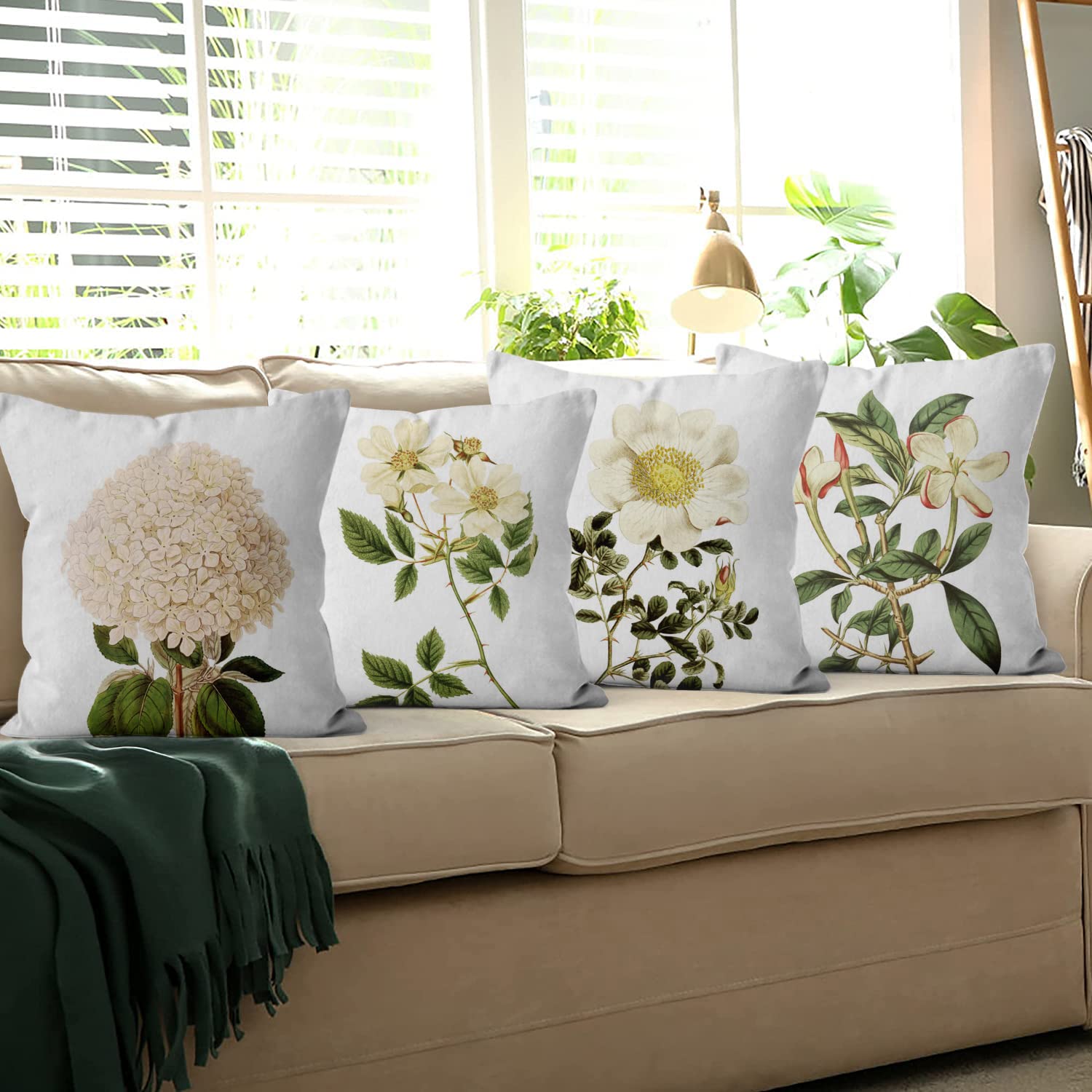 ASDCXZ - Set di 4 federe decorative con fiori, 40 x 40 cm, rosa, foglie verdi dipinte a mano, lavabili, in poliestere e lino, per imbottitura esterna