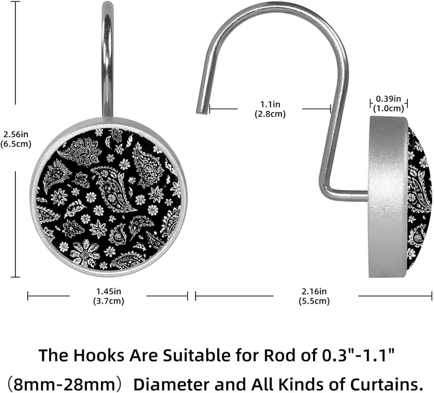 12PCS Paisley Motifs Ditsy Flowers (2) Shower Curtain Hooks Rings for Bathroom, Decorative Shower Curtain Hooks Rods Curtains and Liner