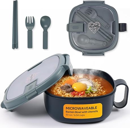 Microwave Ramen Bowl with Lid, Square Leakproof Cooker, BPA-Free, Navy