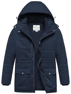 Chrisuno Mens Big and Tall Winter Coat Insulated Military Parka Jacket Waterproof Fleece Lined Thickened Detachable Hood