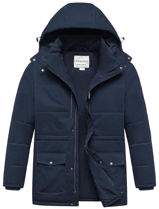 Chrisuno Mens Big and Tall Winter Coat Insulated Military Parka Jacket Waterproof Fleece Lined Thickened Detachable Hood